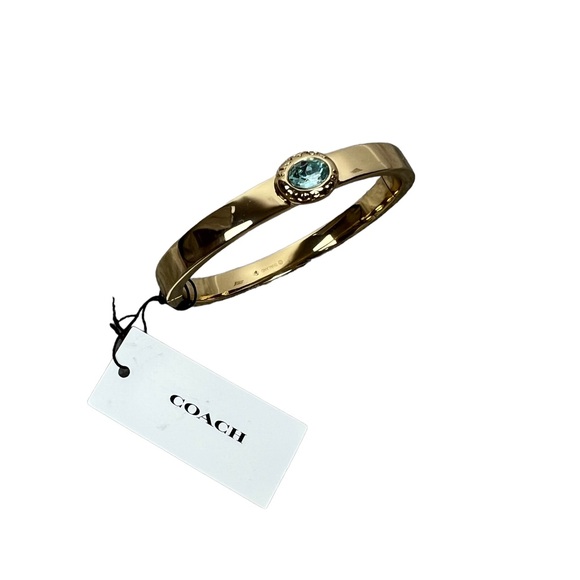 Coach Signature Logo Turquoise Stone Hinged Bangle Gold Tone Bracelet New NWT - Picture 2 of 7